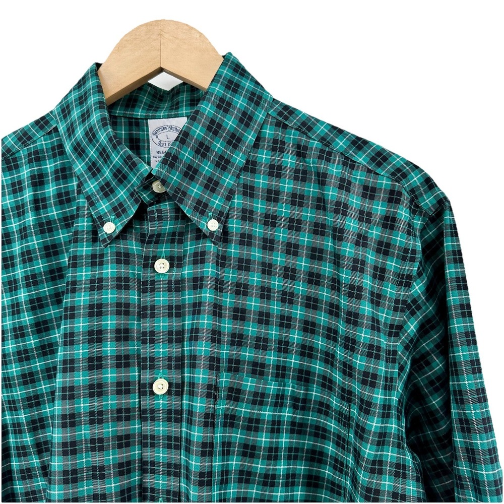 Brooks Brothers Mens Regent Fit Plaid Supima Cotton Stretch Shirt Green Black L